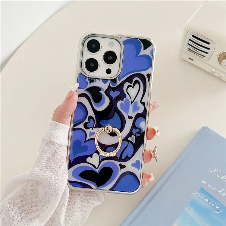 For iPhone 15 Pro Electroplating Case Heart Pattern PC+TPU Kickstand Cover