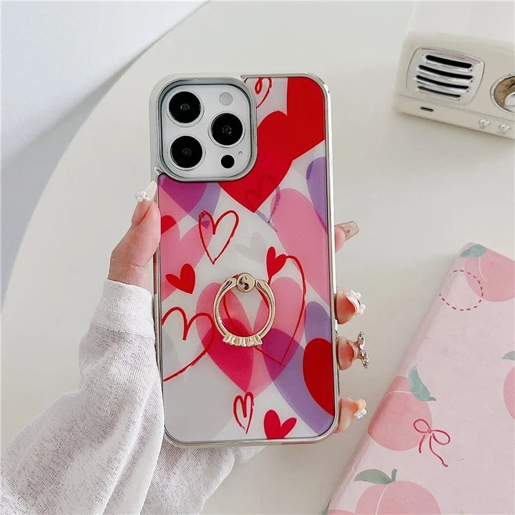For iPhone 15 Pro Electroplating Case Heart Pattern PC+TPU Kickstand Cover