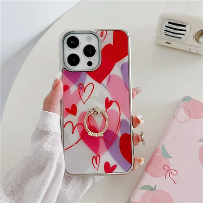 For iPhone 15 Pro Electroplating Case Heart Pattern PC+TPU Kickstand Cover