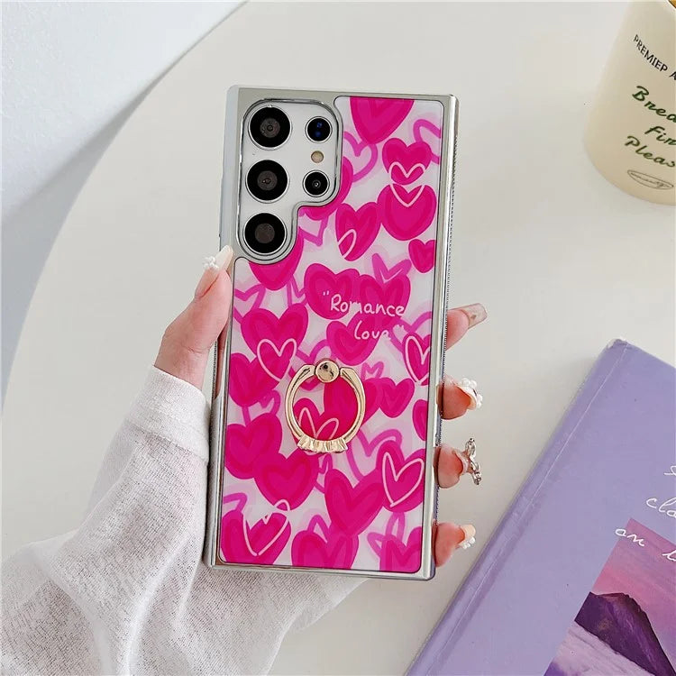 For Samsung Galaxy S23 Ultra Case Heart Pattern Kickstand Electroplating Phone Cover