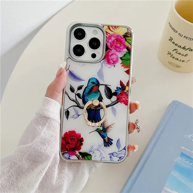 For iPhone 15 Pro Max Phone Case Pattern Printed Ring Holder Kickstand Cover