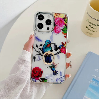 For iPhone 15 Pro Max Phone Case Pattern Printed Ring Holder Kickstand Cover