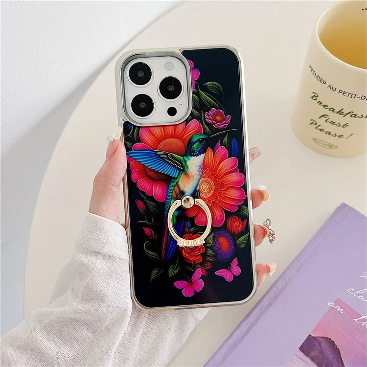 For iPhone 15 Pro Max Phone Case Pattern Printed Ring Holder Kickstand Cover