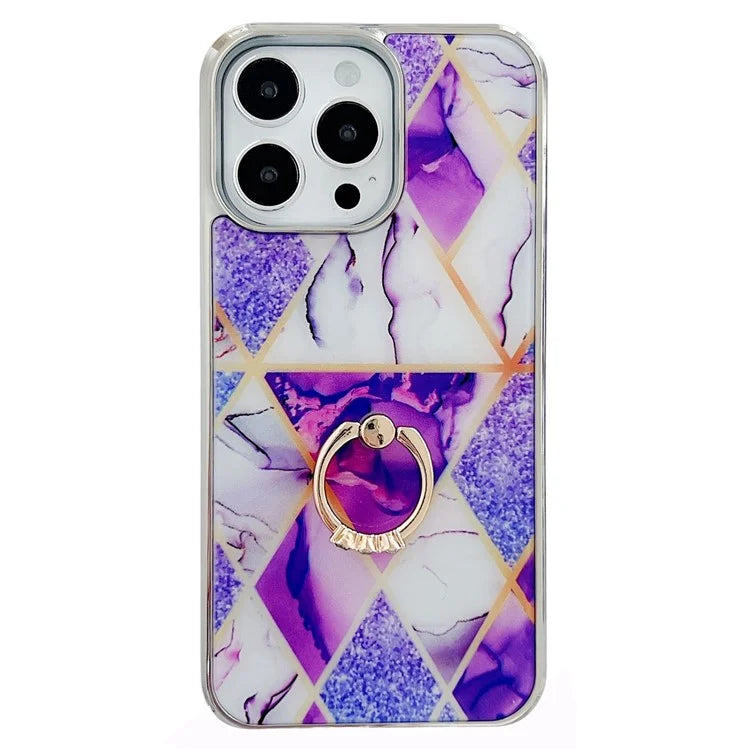 For iPhone 15 Pro Max Marble Phone Case Ring Kickstand Electroplating Cover