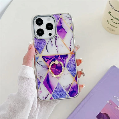 For iPhone 15 Pro Max Marble Phone Case Ring Kickstand Electroplating Cover