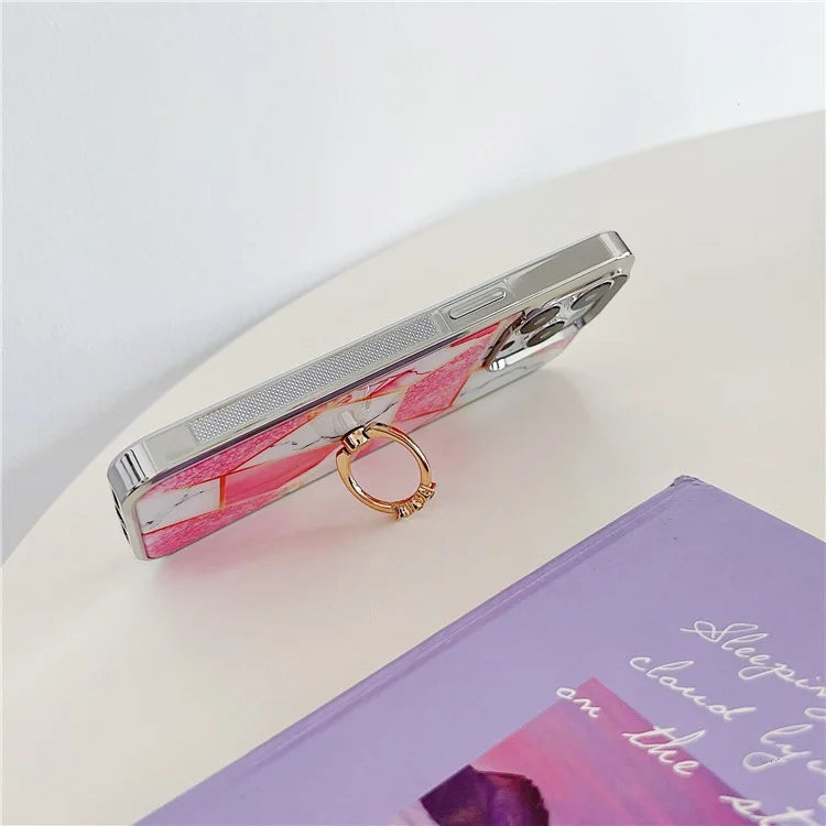 For iPhone 15 Pro Max Marble Phone Case Ring Kickstand Electroplating Cover