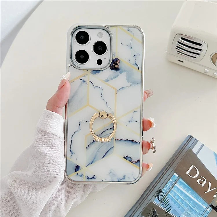 For iPhone 15 Pro Max Marble Phone Case Ring Kickstand Electroplating Cover