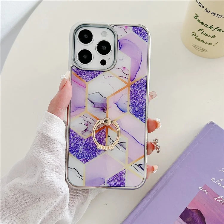 For iPhone 15 Pro Max Marble Phone Case Ring Kickstand Electroplating Cover