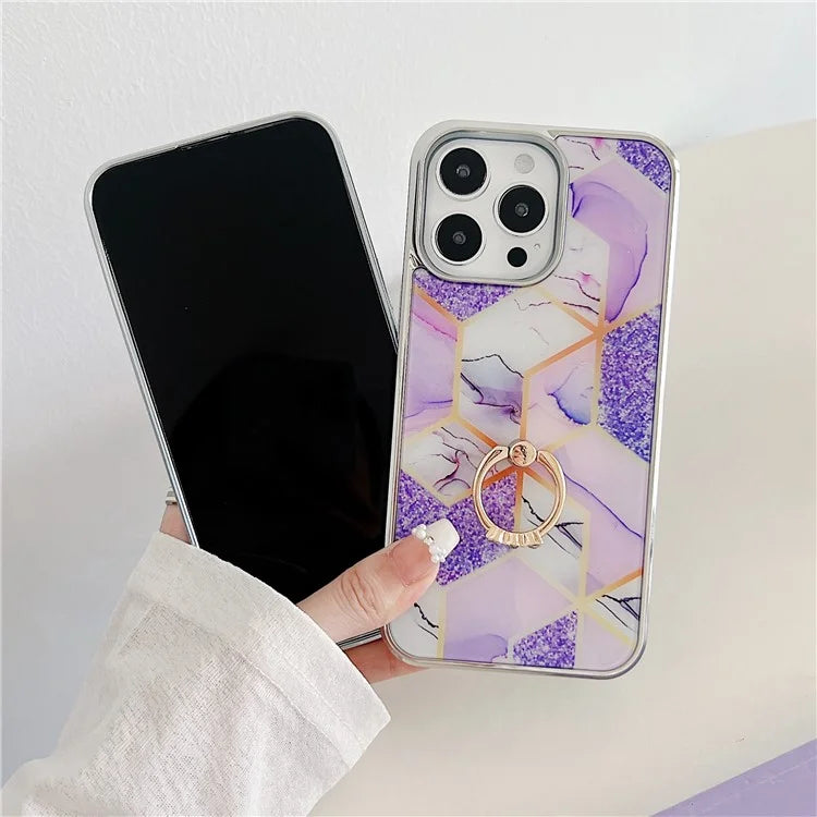 For iPhone 15 Pro Max Marble Phone Case Ring Kickstand Electroplating Cover