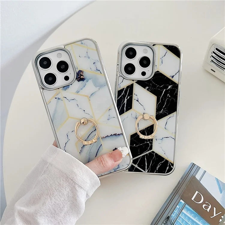 For iPhone 15 Pro Max Marble Phone Case Ring Kickstand Electroplating Cover