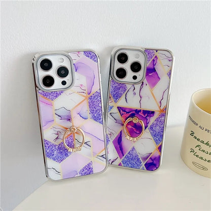 For iPhone 15 Pro Max Marble Phone Case Ring Kickstand Electroplating Cover