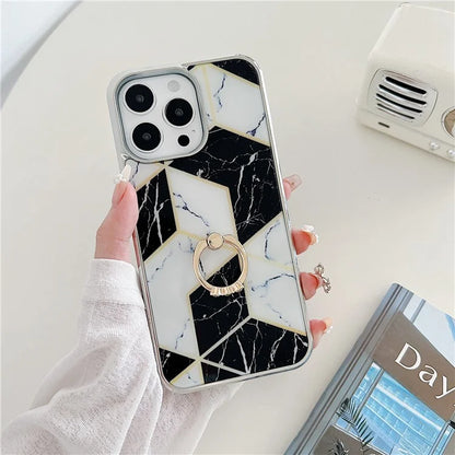 For iPhone 15 Pro Max Marble Phone Case Ring Kickstand Electroplating Cover
