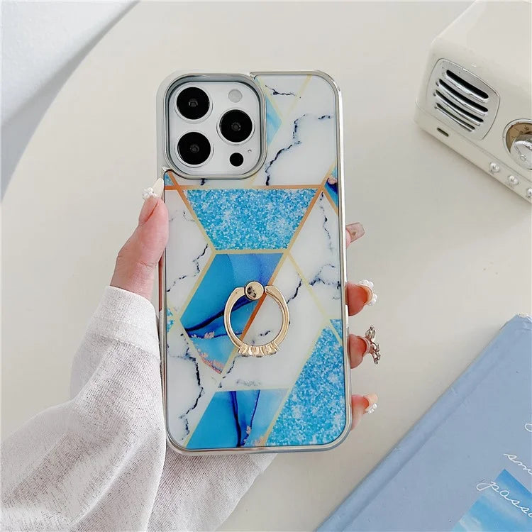 For iPhone 15 Pro Max Marble Phone Case Ring Kickstand Electroplating Cover