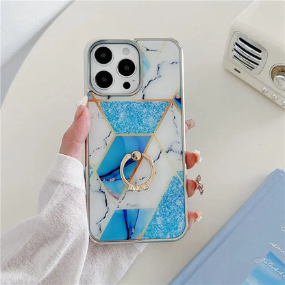 For iPhone 15 Pro Max Marble Phone Case Ring Kickstand Electroplating Cover