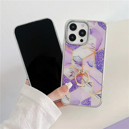 For iPhone 15 Pro Max Marble Phone Case Ring Kickstand Electroplating Cover
