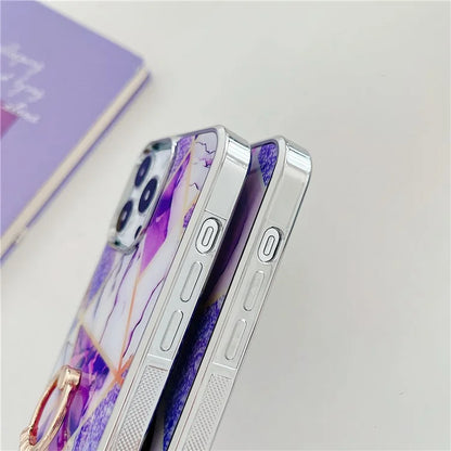 For iPhone 15 Pro Max Marble Phone Case Ring Kickstand Electroplating Cover