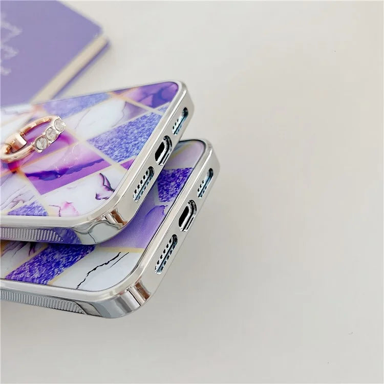 For iPhone 15 Pro Max Marble Phone Case Ring Kickstand Electroplating Cover