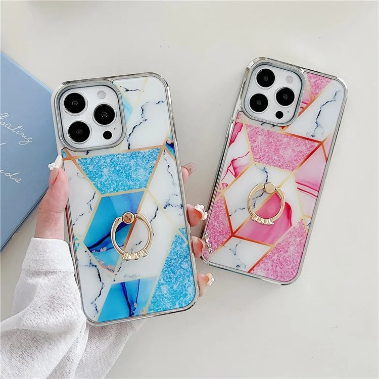 For iPhone 15 Pro Max Marble Phone Case Ring Kickstand Electroplating Cover