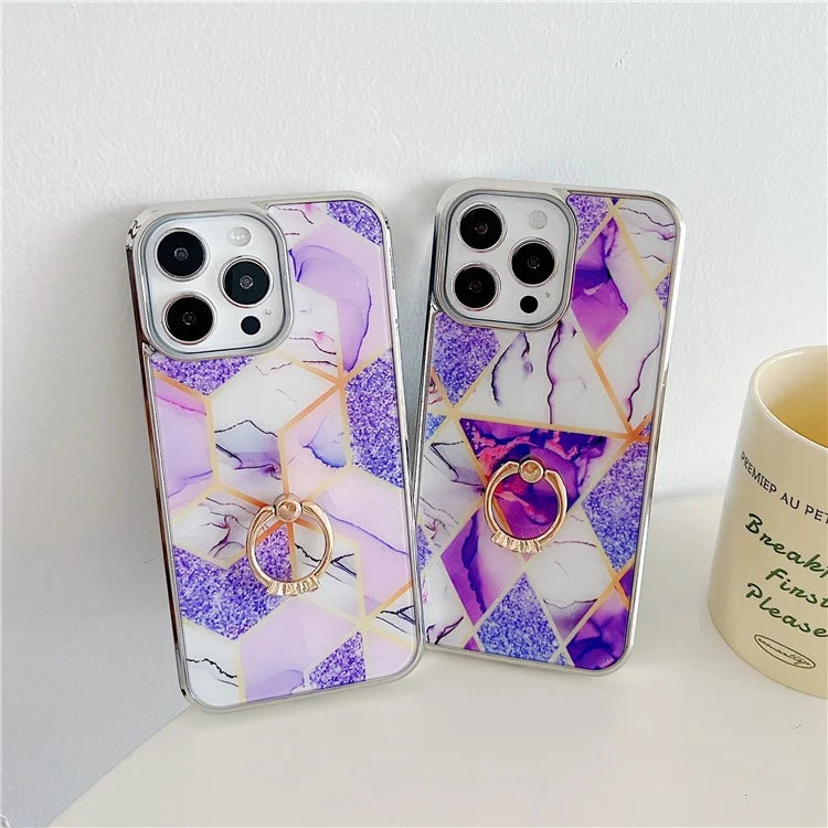 For iPhone 15 Pro Max Marble Phone Case Ring Kickstand Electroplating Cover