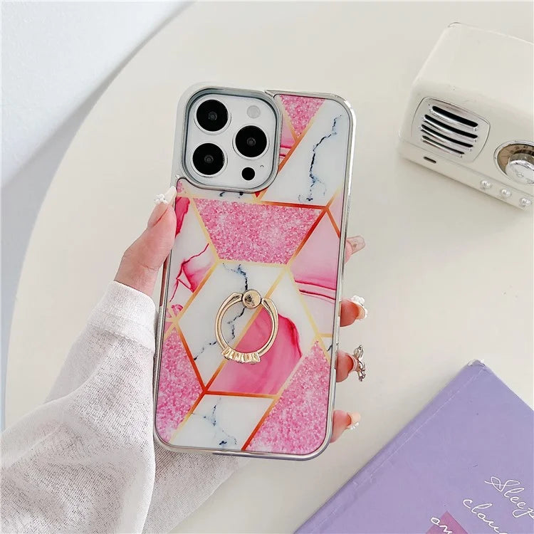 For iPhone 15 Pro Ring Holder Case Splicing Marble Phone Cover