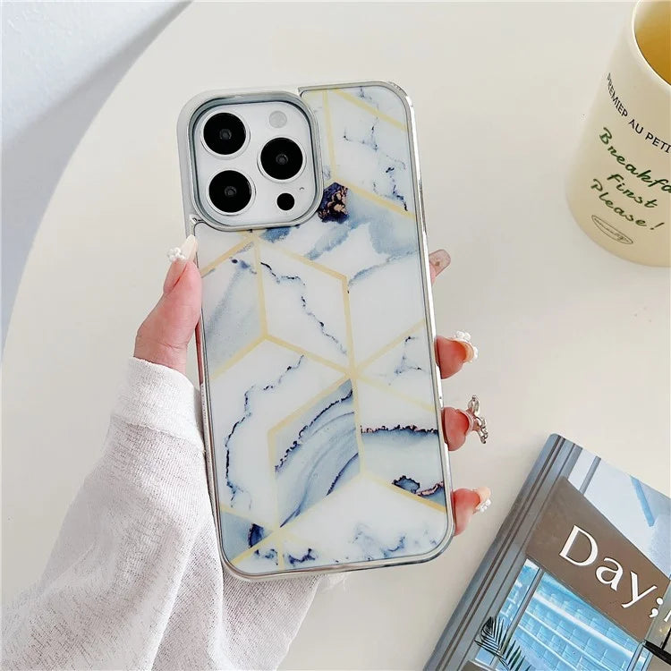 For iPhone 15 Pro Marble Case Shockproof PC+TPU Electroplating Phone Cover