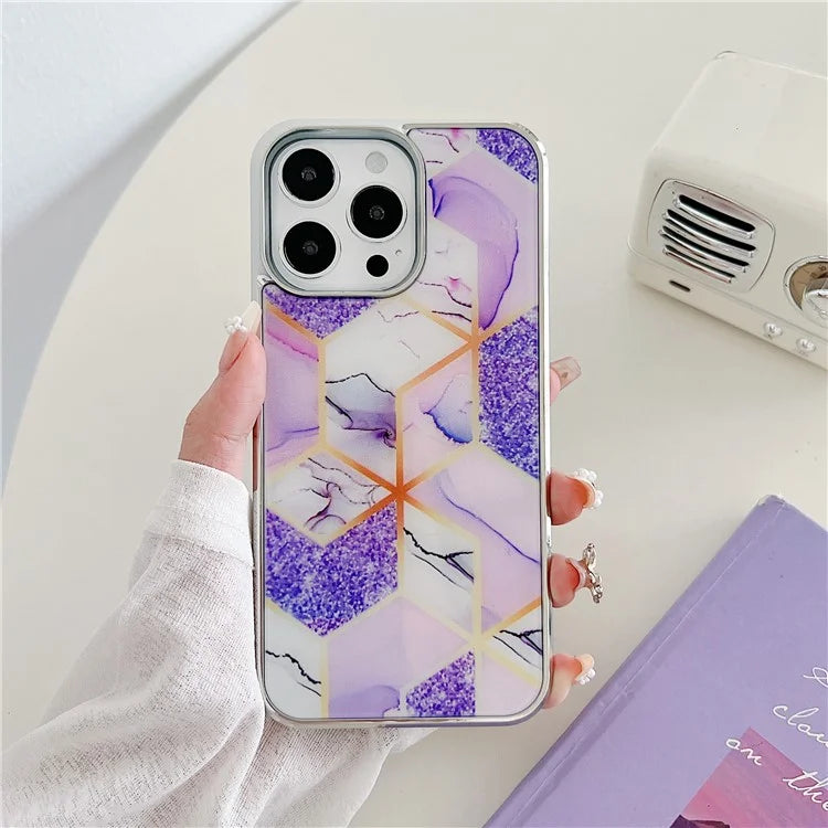 For iPhone 15 Pro Marble Case Shockproof PC+TPU Electroplating Phone Cover
