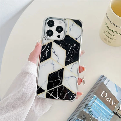 For iPhone 15 Pro Marble Case Shockproof PC+TPU Electroplating Phone Cover