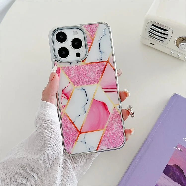 For iPhone 15 Pro Marble Case Shockproof PC+TPU Electroplating Phone Cover