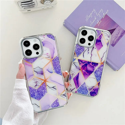 For iPhone 15 Pro Marble Case Shockproof PC+TPU Electroplating Phone Cover
