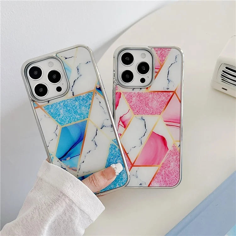 For iPhone 15 Pro Marble Case Shockproof PC+TPU Electroplating Phone Cover