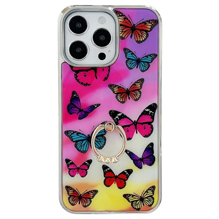 For iPhone 15 Pro Pattern Phone Case Ring Kickstand Electroplated Cover