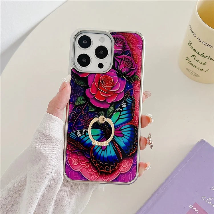 For iPhone 15 Pro Pattern Phone Case Ring Kickstand Electroplated Cover