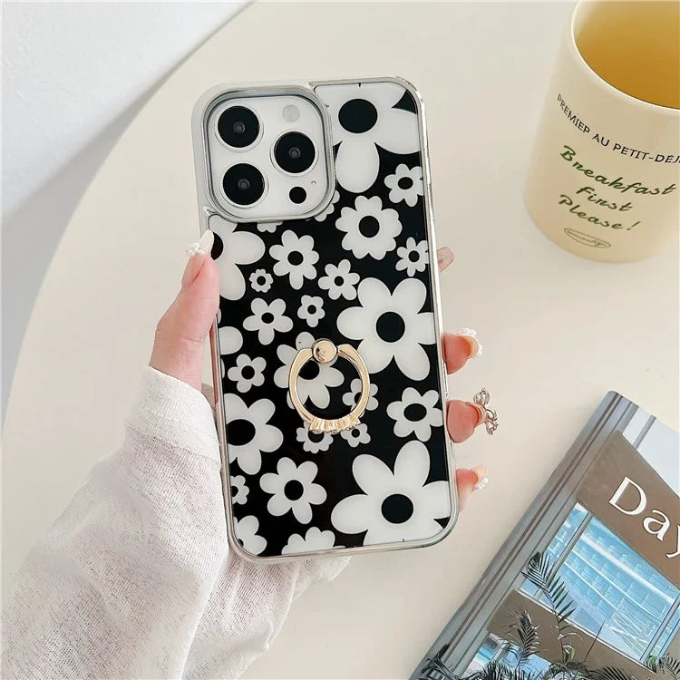 For iPhone 15 Pro Pattern Phone Case Ring Kickstand Electroplated Cover