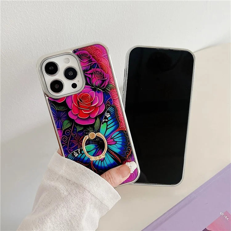 For iPhone 15 Pro Pattern Phone Case Ring Kickstand Electroplated Cover