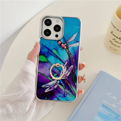 For iPhone 15 Pro Pattern Phone Case Ring Kickstand Electroplated Cover