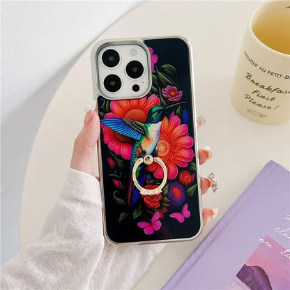 For iPhone 15 Pro Pattern Phone Case Ring Kickstand Electroplated Cover