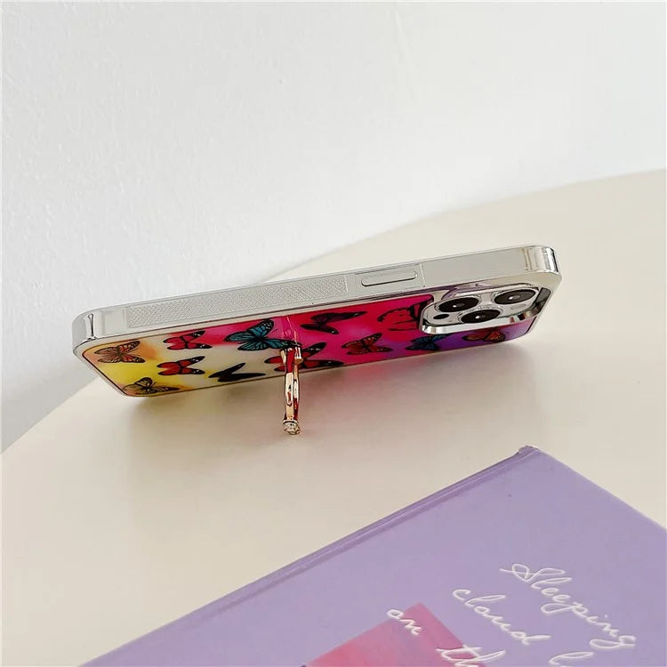 For iPhone 15 Pro Pattern Phone Case Ring Kickstand Electroplated Cover