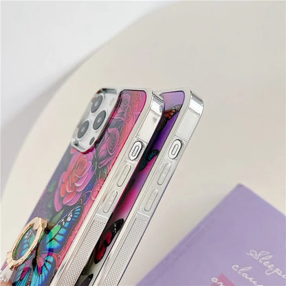 For iPhone 15 Pro Pattern Phone Case Ring Kickstand Electroplated Cover