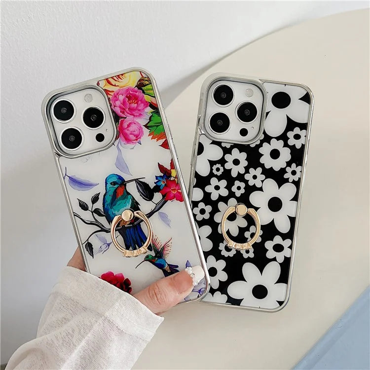 For iPhone 15 Pro Pattern Phone Case Ring Kickstand Electroplated Cover