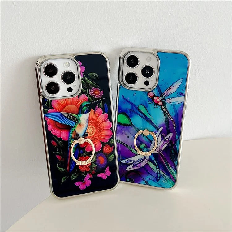 For iPhone 15 Pro Pattern Phone Case Ring Kickstand Electroplated Cover