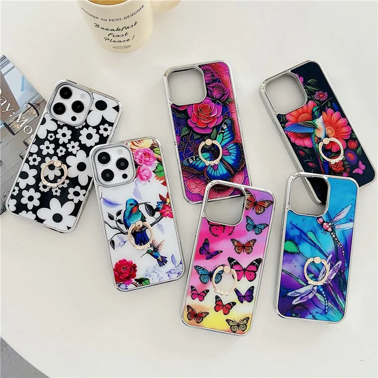 For iPhone 15 Pro Pattern Phone Case Ring Kickstand Electroplated Cover