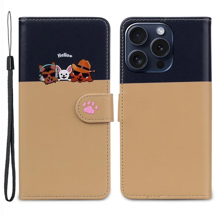 Cartoon Pet Series for iPhone 15 Pro Case Animal Pattern Wallet Stand Leather Cover