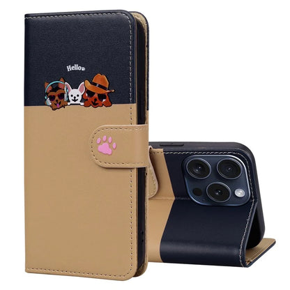 Cartoon Pet Series for iPhone 15 Pro Case Animal Pattern Wallet Stand Leather Cover