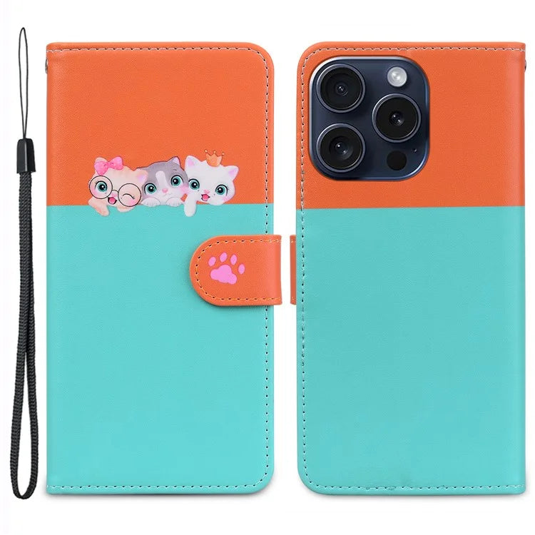 Cartoon Pet Series for iPhone 15 Pro Case Animal Pattern Wallet Stand Leather Cover