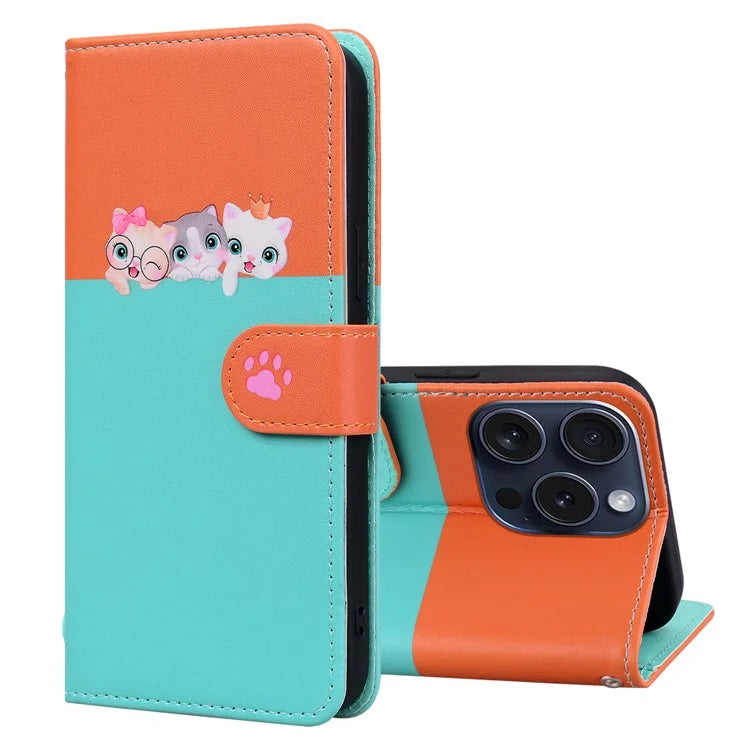 Cartoon Pet Series for iPhone 15 Pro Case Animal Pattern Wallet Stand Leather Cover