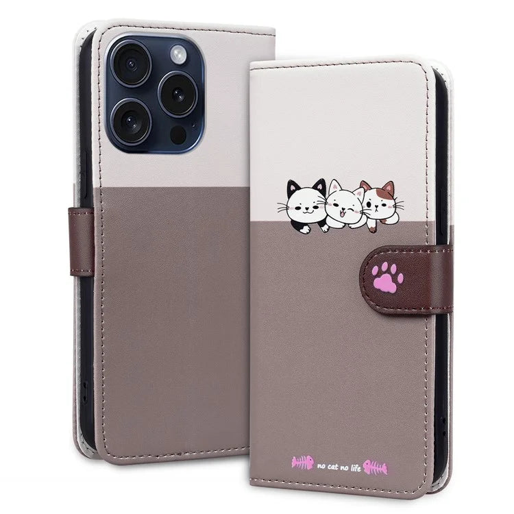Cartoon Pet Series for iPhone 15 Pro Case Animal Pattern Wallet Stand Leather Cover