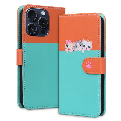 Cartoon Pet Series for iPhone 15 Pro Max Case Wallet Splicing Leather Phone Cover