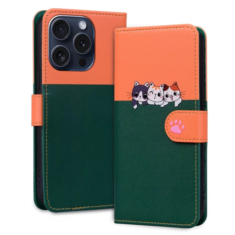 Cartoon Pet Series for iPhone 15 Pro Max Case Wallet Splicing Leather Phone Cover
