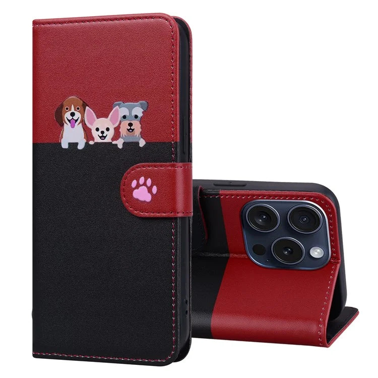 Cartoon Pet Series for iPhone 15 Pro Max Case Wallet Splicing Leather Phone Cover