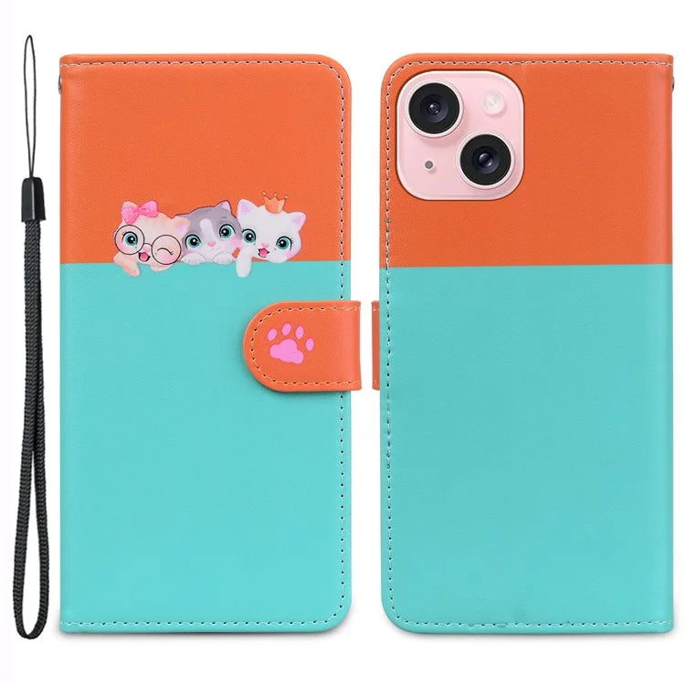 Cartoon Pet Series for iPhone 15 Leather Case Animal Pattern Color Splicing Wallet Cover